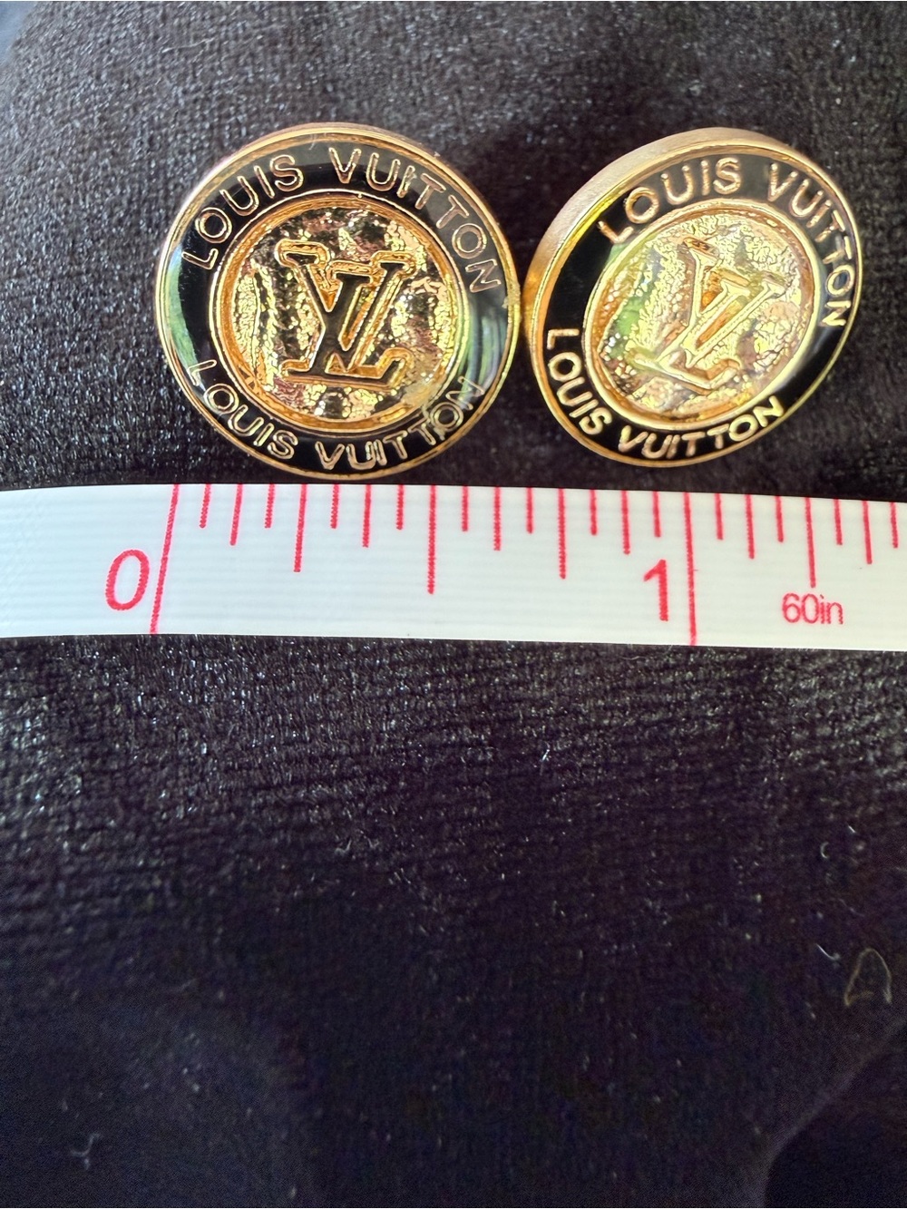 L0UIS VUITT0N Gold Logo Button Stud Earrings  - Black Enamel Accents - Picture 5 of 9